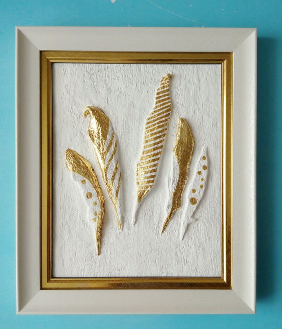 sculptural wall art "Golden feathers"