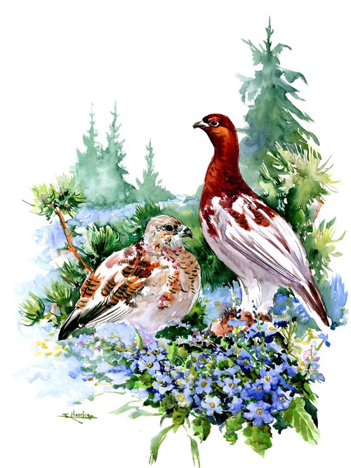 Alaska State Bird and Flower, Willow Ptarmigan and Forget Me Nots by Suren Nersisyan