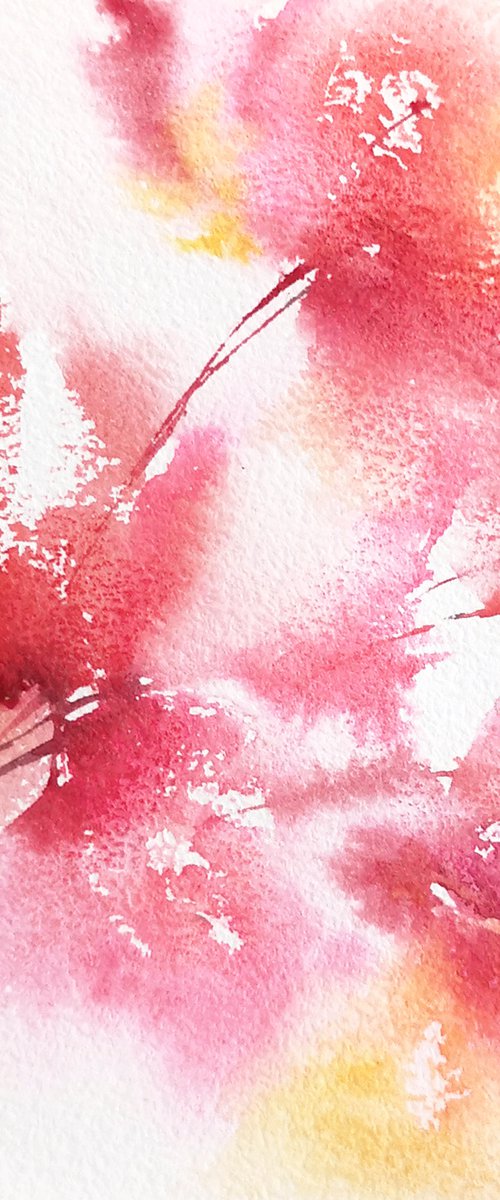 Red abstract flowers, small watercolor painting by Olga Grigo