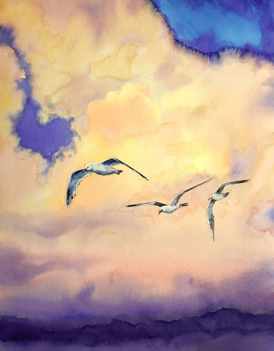 3 Seagulls In Flight -  Seagulls – Thunder Sky - seascape - sea and sky - seagulls over the sea