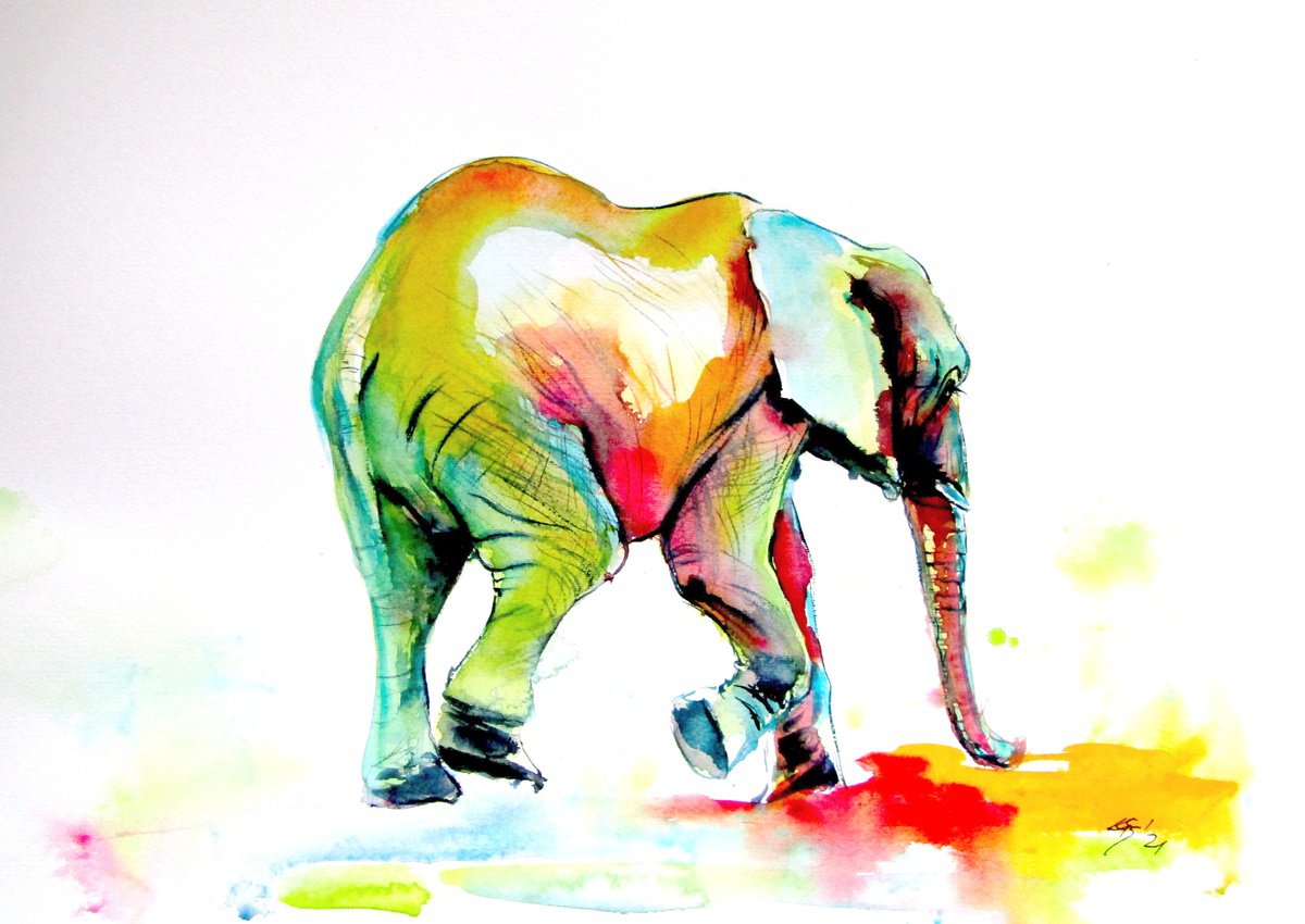 Impressionistic Watercolour , Colorful Elephant Alone Ii By Kovacs Anna Brigitta, 20 X 14, Artwork For Sale On Artfinder