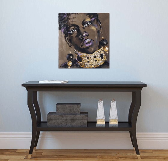 Female portrait of a black girl with gold jewelry on her neck, abstract woman portrait, oil original