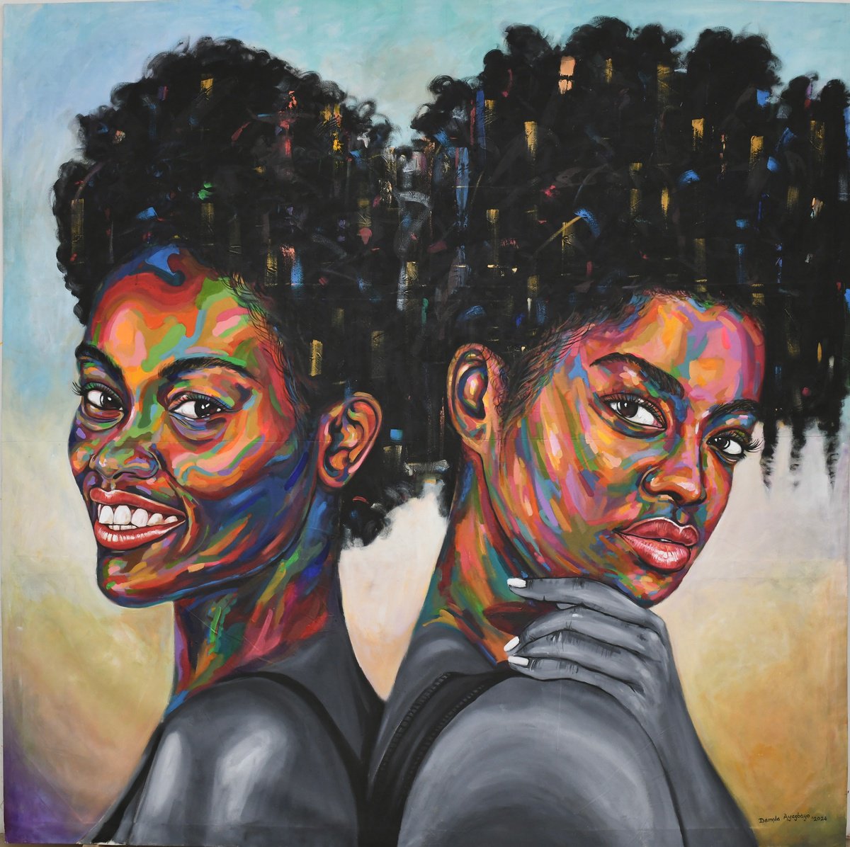 Expressive Portrait Acrylic Painting By Damola Ayegbayo, 80 X 80, Sisterhood, Original Artwork