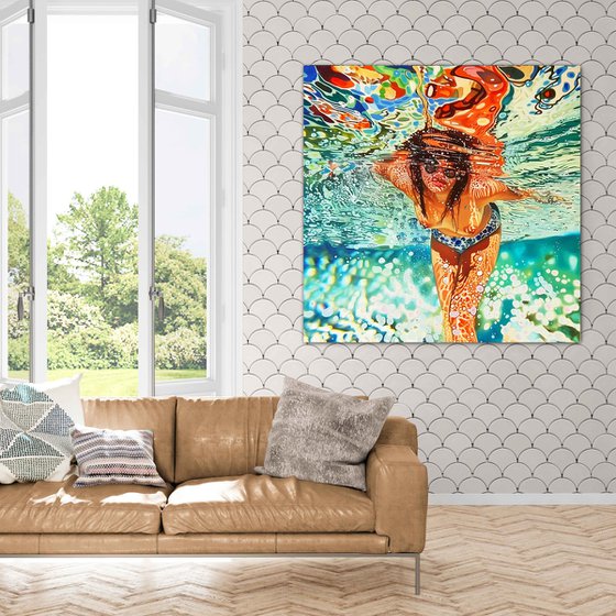 Nude woman under water in the swimming pool, sea, ocean with turquoise color waves with bright sun glares. Impressionistic artwork. Positive holiday bright wall art home decor. Art Gift