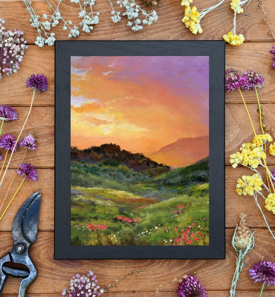 Hills with flowers at sunset