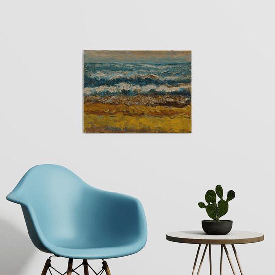 BENGAL BAY WAVES - Landscape art, waterscape, marina, ocean, beach, sun, sky, sunset, light on water, original oil painting, summer, wave, blue, yellow, warm colours, nature impressionism art office interior home decor, gift 50x65