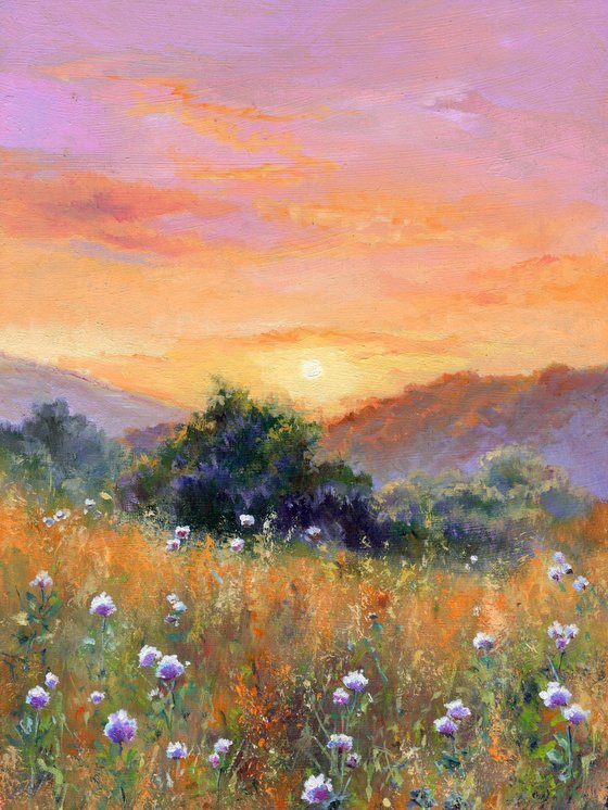 Summer landscape painting ORIGINAL, Countryside field flowers oil painting, Summer meadow vintage, Wildflowers art, Cottage wall art decor, 'Aroma of spring'