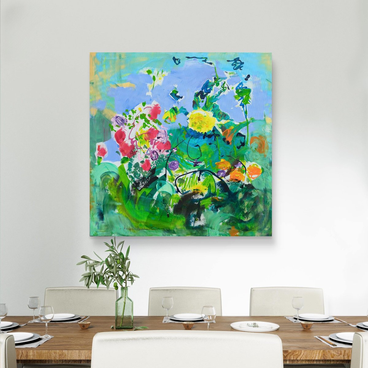 Expressive Botanical Acrylic Painting By Helen Shukina, 39 X 39, Dahlias, Original Artwork