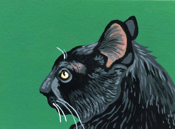 ACEO ATC Original Miniature Painting Black Cat Pet Feline Art-Carla Smale