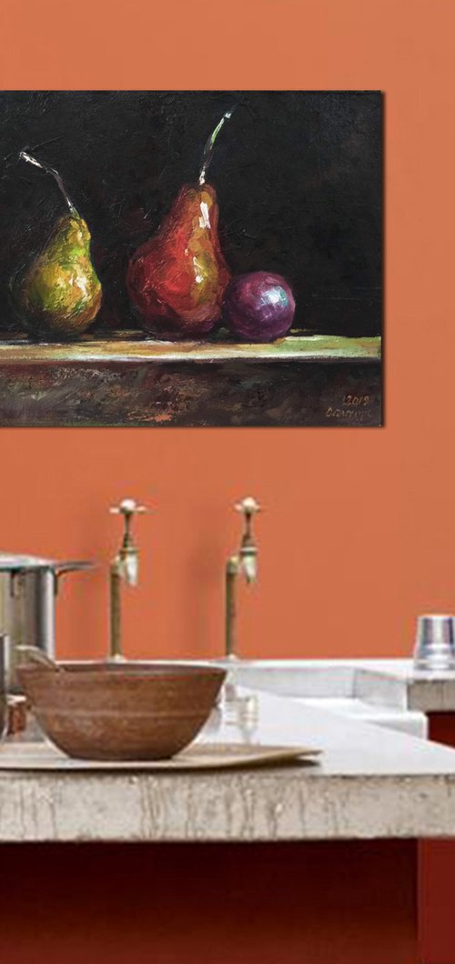 Still life with pears and plum by Andrej  Ostapchuk