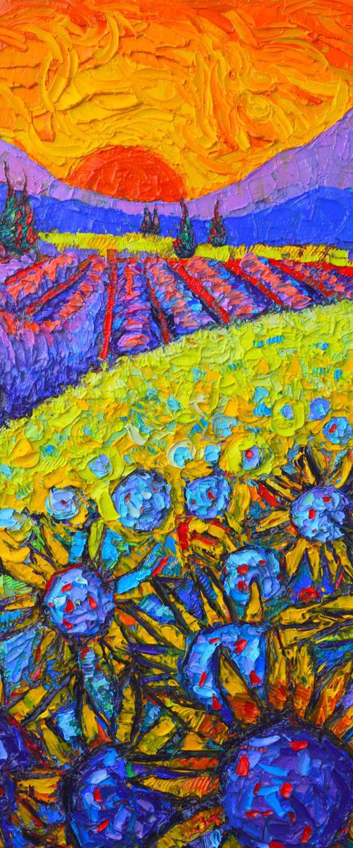 ROUND FIELDS OF GOLD SUNFLOWERS DREAMLAND contemporary impressionist landscape original palette knife oil painting by ANA MARIA EDULESCU