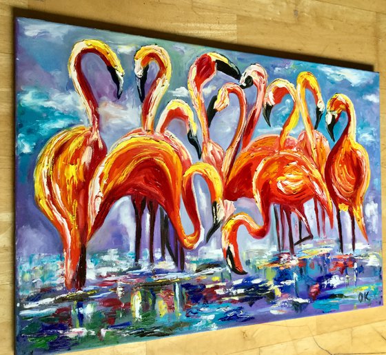 ORANGE FLAMINGOS. LARGE SIZE PAINTING. Original oil palette knife painting on linen canvas.