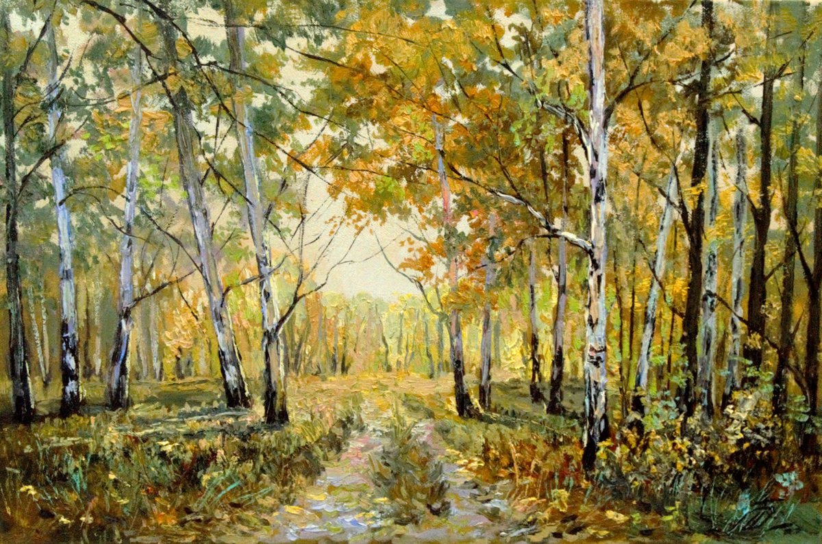Birch Tree Forest Trail. Original oil painting by Dmitry Revyakin