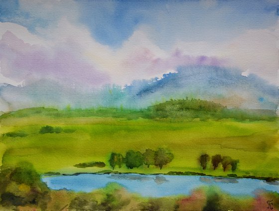 Landscape Original Watercolour Painting, Mountains Wall Art, Large Green Artwork