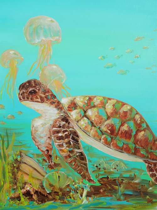 Sea Turtle Acrylic Painting on Canvas 24"x18". Sea Life Modern Art (2020) by Sveta Osborne