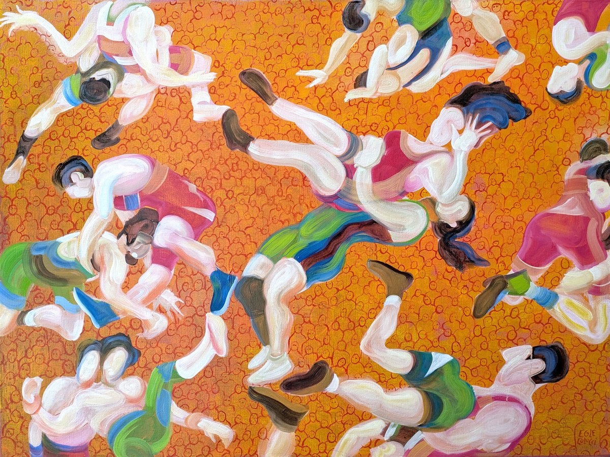 Portrait Oil Painting By Egle Colucci, 31 X 24, Wrestilng Competition, Original Artwork