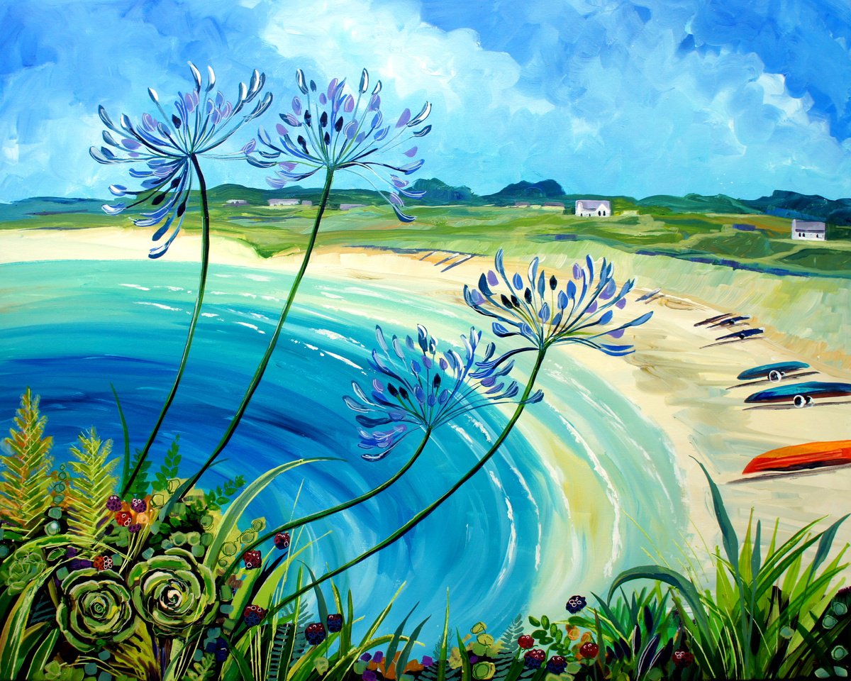 Impressionistic Landscape Acrylic Painting By Julia Rigby, 39 X 31", Old Town Beach, Original Artwork