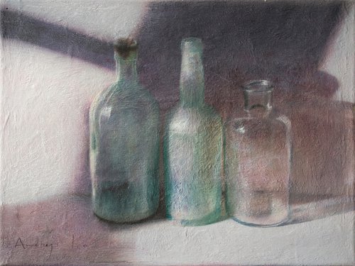 Three Glass Bottles and Sunlight by Andrejs Ko