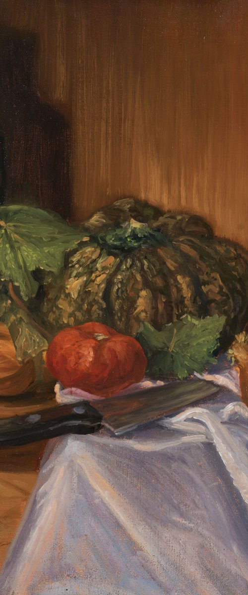 Pumpkin, tomato, onions and vine leaves - still life by Christopher Vidal
