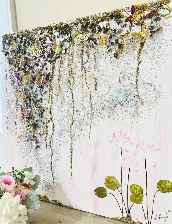 The Lili garden abstract floral soft pink tones with golden butterflies and glitter