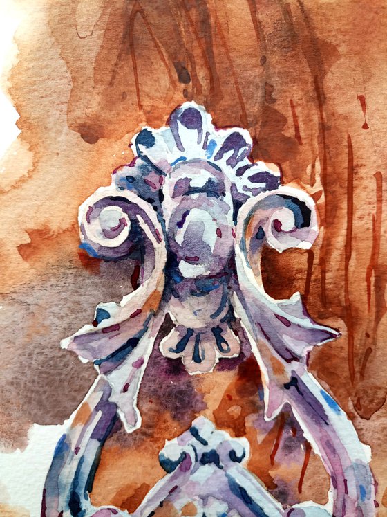 "Antique doorknob on a wooden background" modern watercolor sketch original illustration