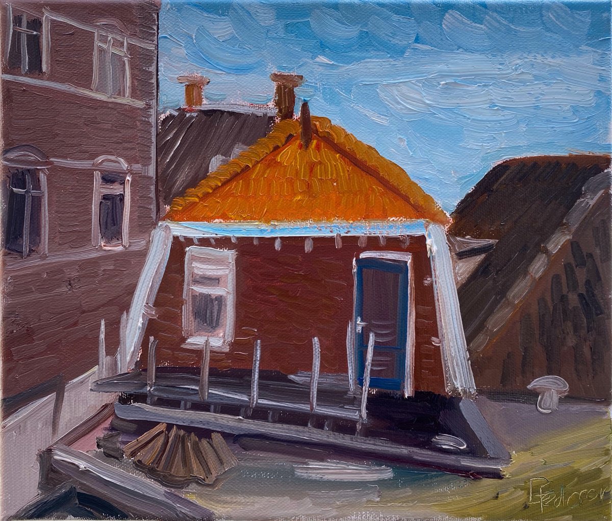 Impressionistic Cityscapes Oil Painting By Dmitry Fedorov, 12 X 10, Plein Air On The Roof, Original Artwork