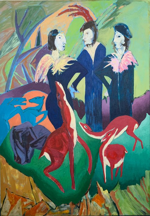 “Three Art Deco Ladies In the Deer Forest” by Hanna Bell
