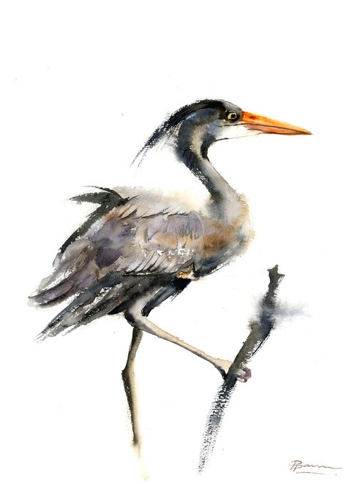 Grey Heron - Original watercolor painting by Olga Shefranov (Tchefranov)