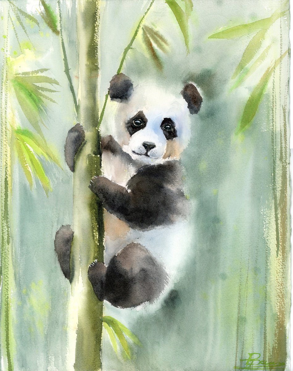 Impressionistic Animal Watercolour By Olga Tchefranov (Shefranov), 11 X 15", Playful Panda, Original Artwork