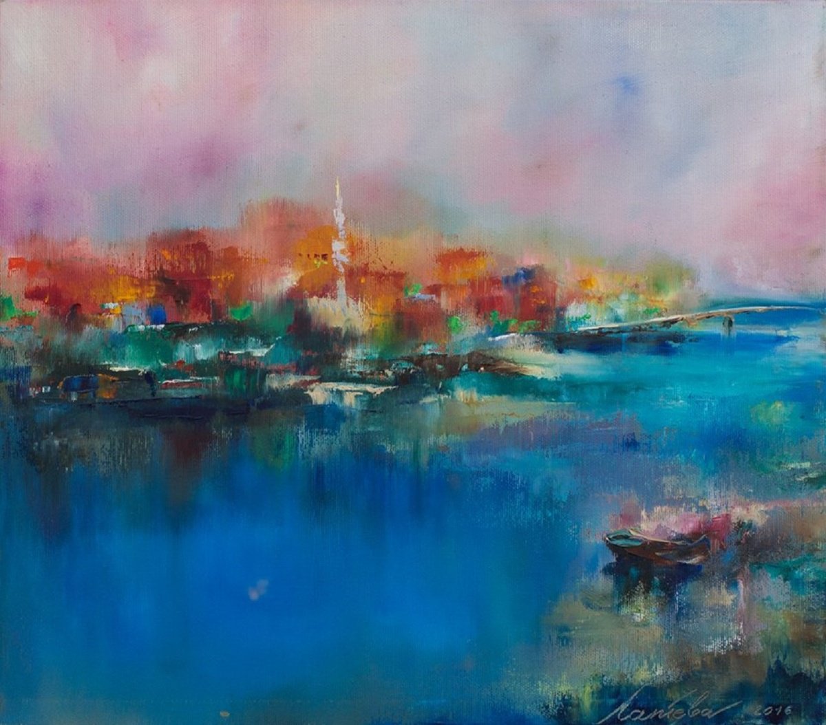 Abstract Landscape Oil Painting By Olha Laptieva, 16 X 14", City At Dawn, Original Artwork