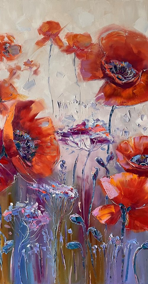 "Red poppies". Flowers oil painting. 100x80cm by Mary Voloshyna