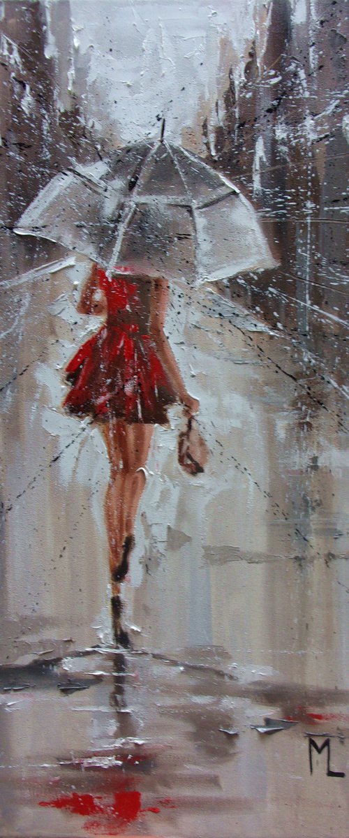 " RAIN IN AUGUST "   street spring summer original painting CITY palette knife GIFT by Monika Luniak