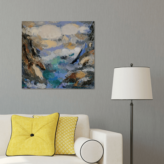 SULAK CANYON CLOUDS - Mountainscape, mountain landscape, original painting oil on canvas, sky blue summit, gift