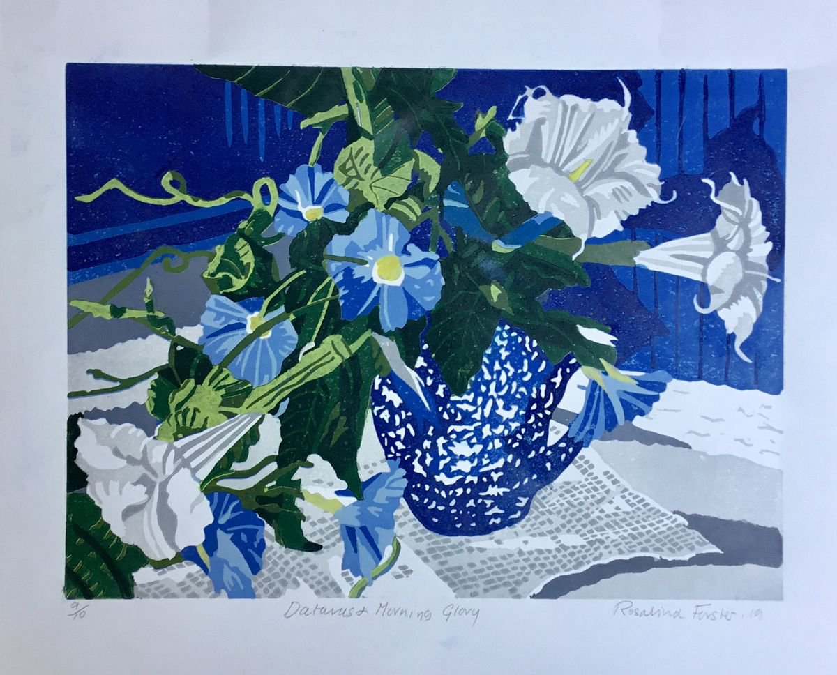 Botanical Linocut By Rosalind Forster, 15 X 12", Daturas And Morning Glory, Original Artwork