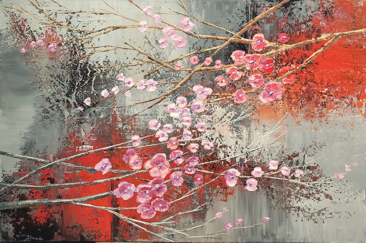 Impressionistic Botanical Acrylic Painting By Tatiana Iliina, 36 X 24", Blossom Fest, Original Artwork