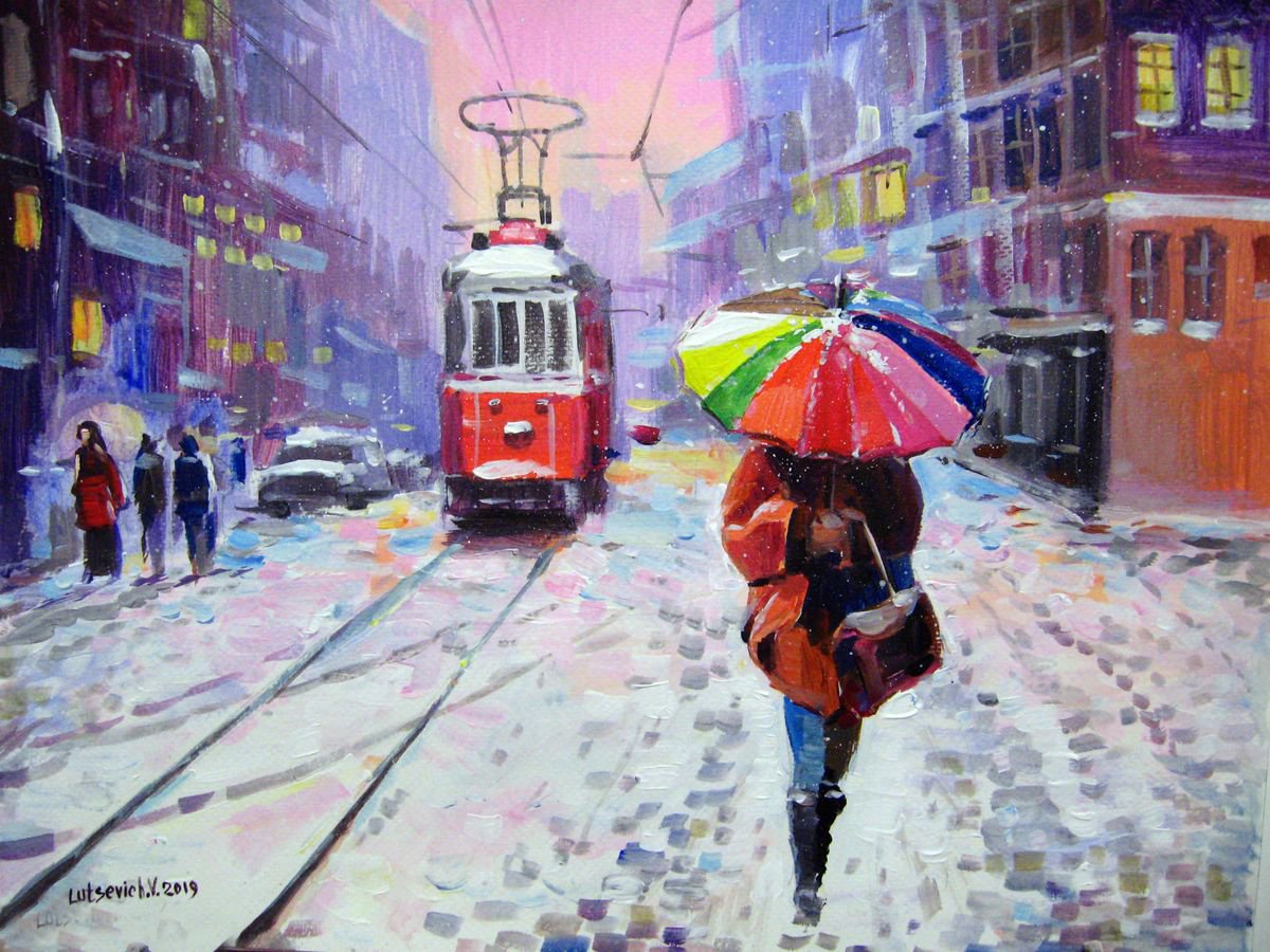 Impressionistic Cityscapes Acrylic Painting By Vladimir Lutsevich, 16 X 12", Winter City, Original Artwork