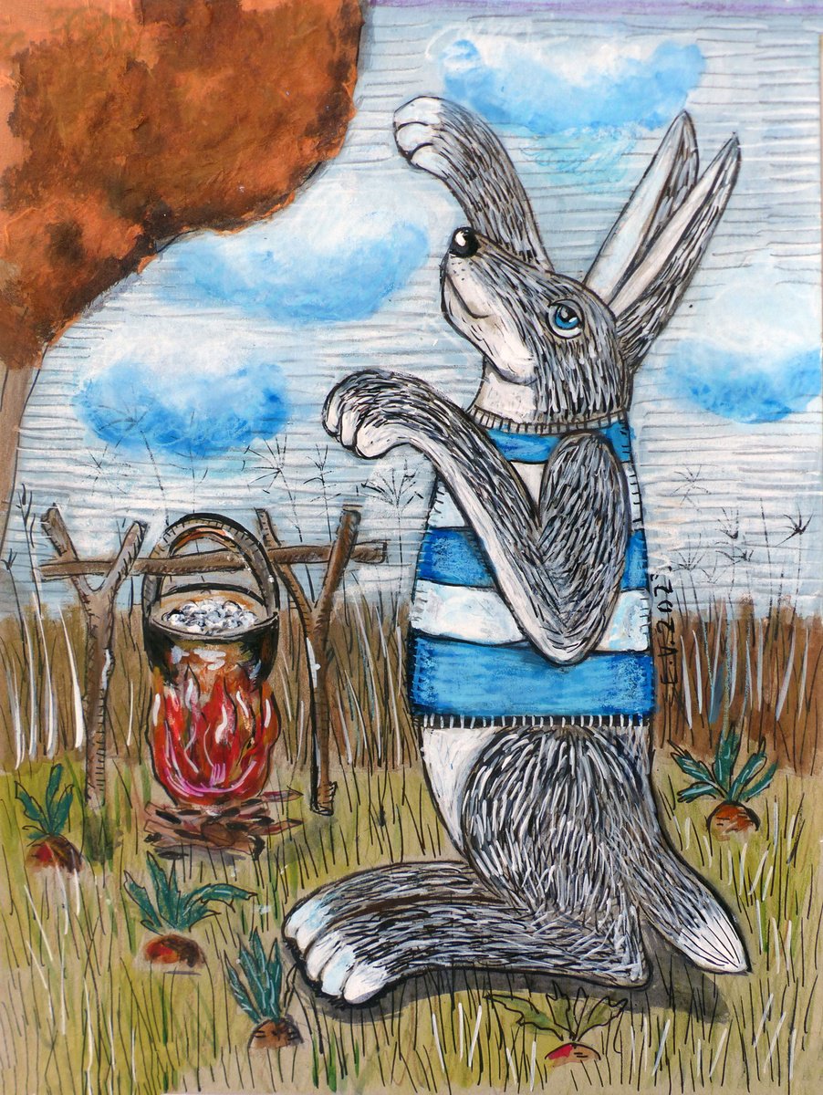 Illustrative Animal Painting By Elizabeth Vlasova, 9 X 12, Magic Soup From The Bunny Chef, Original Artwork