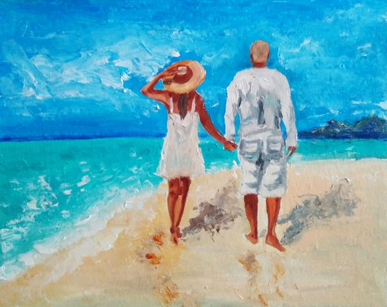 The stroll, Couple Romantic Painting Original Art Ocean Beach Wall Art