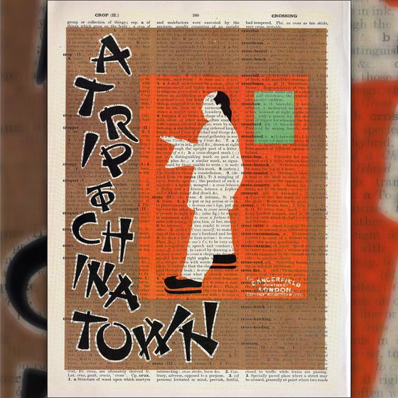 A Trip to Chinatown - Collage Art Print on Large Real English Dictionary Vintage Book Page