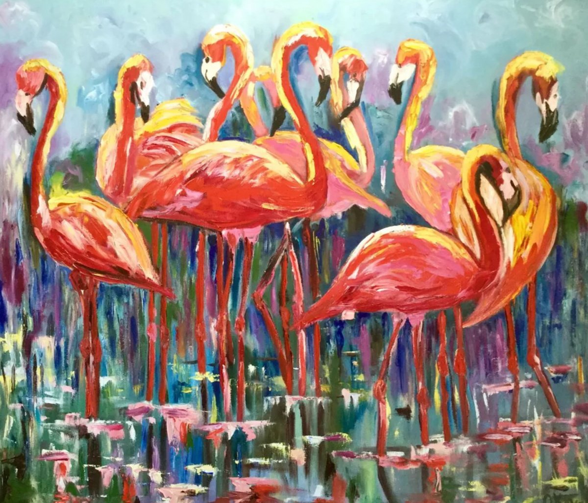 Impressionistic Animal Oil Painting By Olga Koval, 32 X 28", Orange Flamingos, Original Artwork
