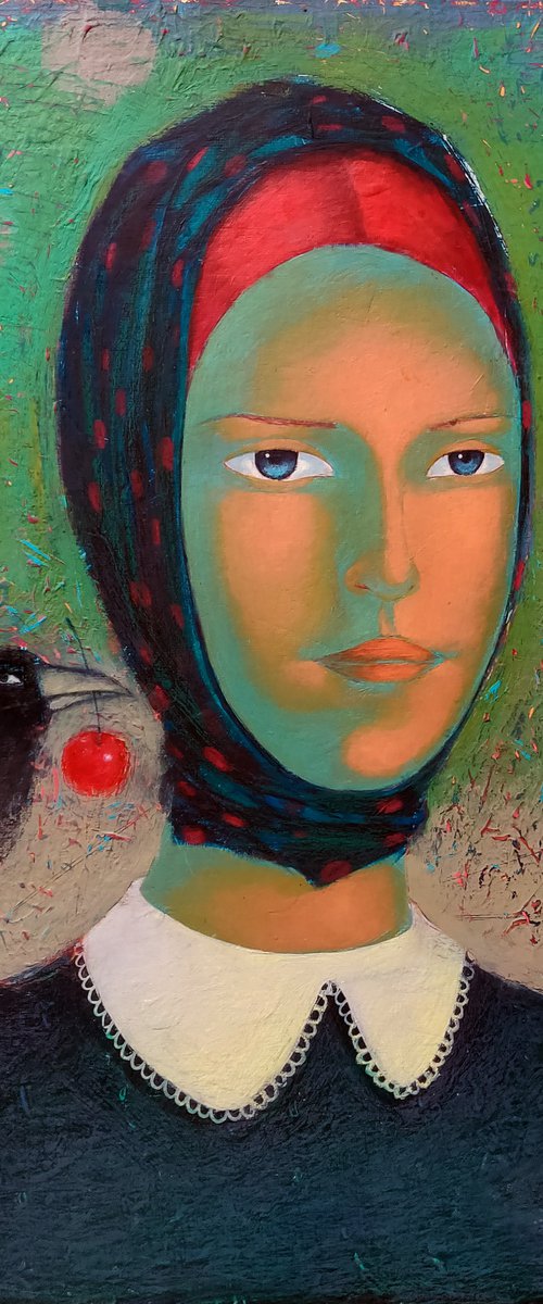 Lady with a Raven - 50x50 cm acrylics on canvas by Ayna Paisley