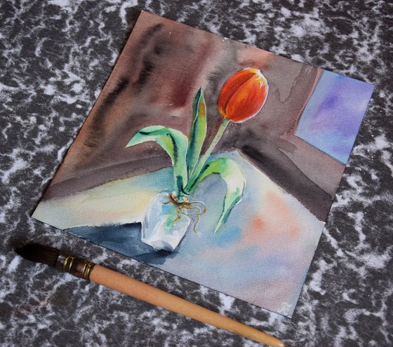 Flower tulip original watercolor painting, Mother's Day gift, botanical still life