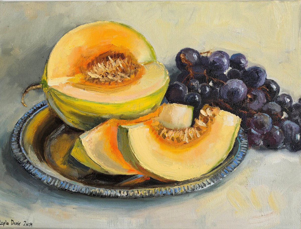 Impressionistic Still Life Oil Painting By Leyla Demir, 12 X 9", Melon Slices With Grapes, Original Artwork