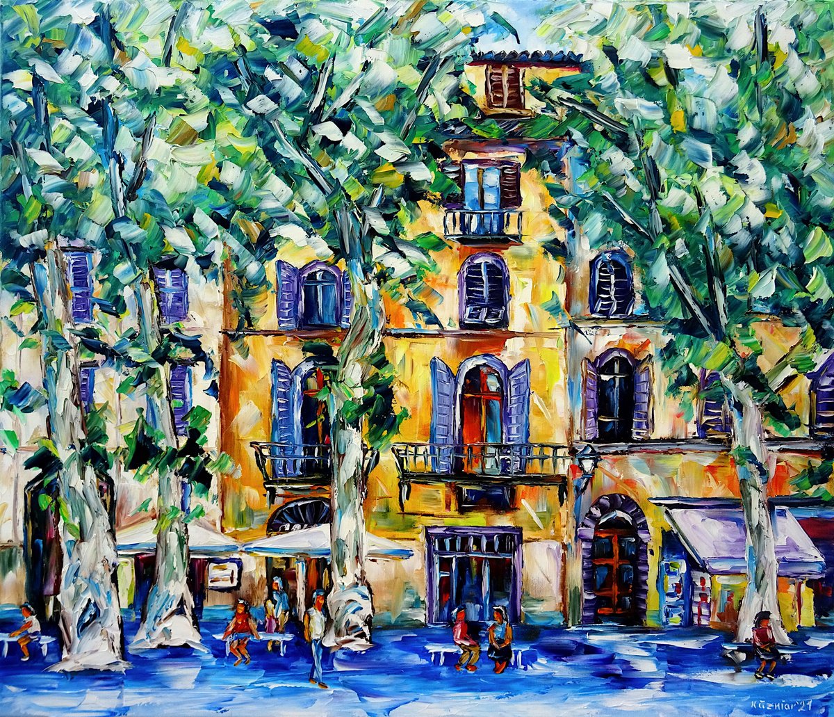 Expressive Cityscapes Oil Painting By Mirek Kuzniar, 28 X 24", Summer Day In Lucca, Original Artwork