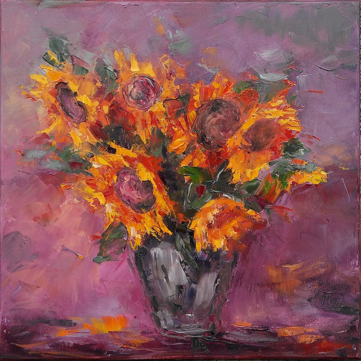 FEELS LIKE SUNSET, 50x50cm, sunflowers oil floral still life painting by Emilia Milcheva