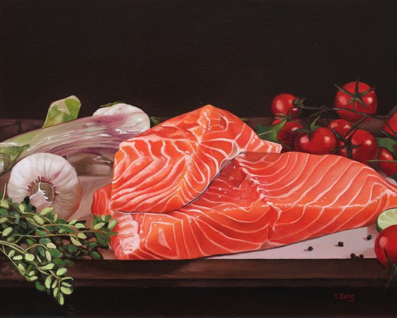 Raw salmon steaks still life