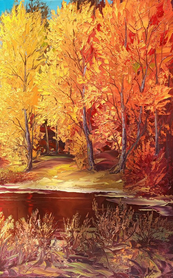 Autumn forest (80x100cm, oil painting, palette knife)