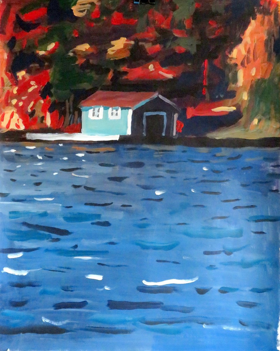 Impressionistic Landscape Acrylic Painting By Stephen Abela, 22 X 28", Boathouse In The Fall - Lake Joseph, Muskoka, Artfinder