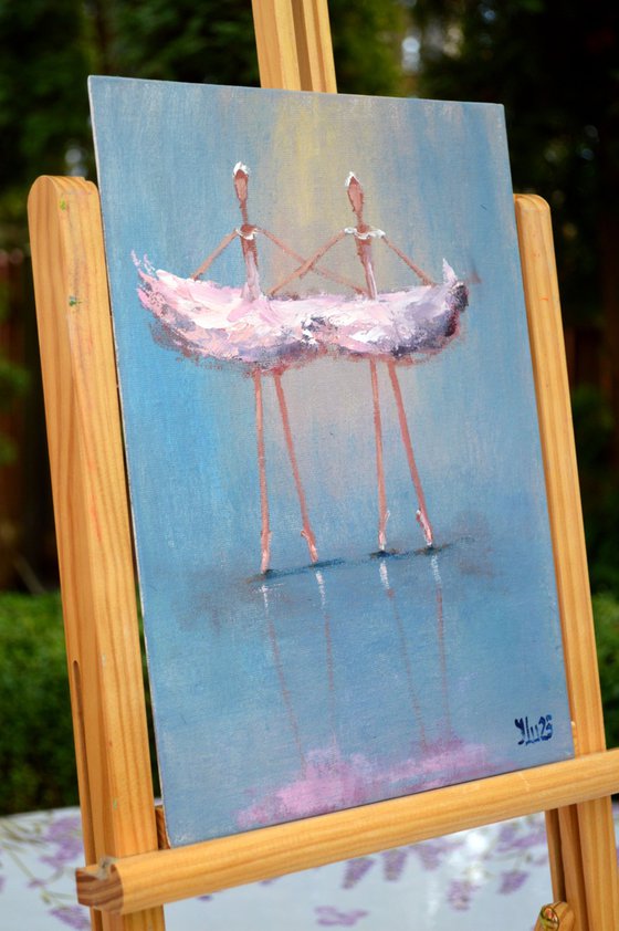 2 Funny pink ballerinas. Miniature impasto.
