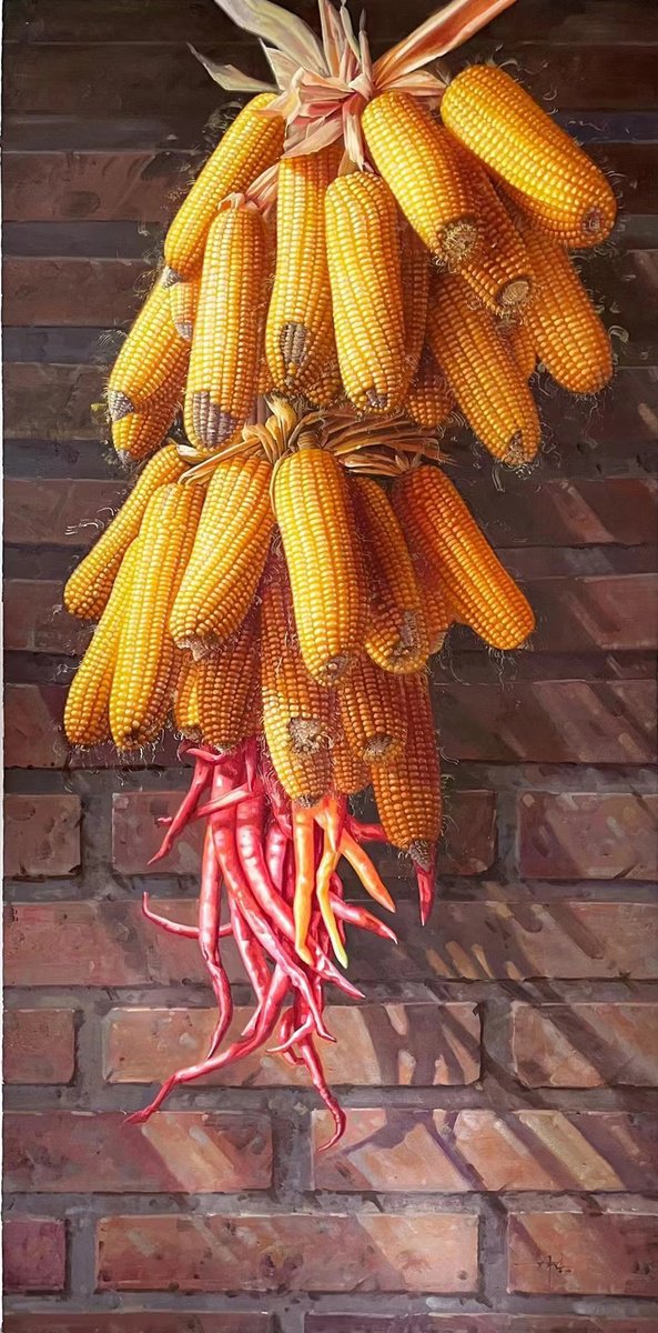 Still life oil painting:Corns and hot peppers by Kunlong Wang